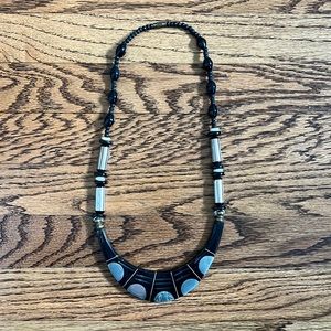 Vintage wood silver inlay beaded necklace